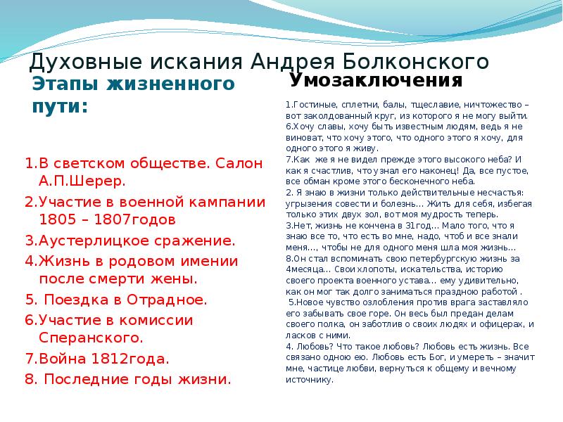 Рассмотрите схему духовные искания андрея болконского подберите цитаты отражающие состояние героя в